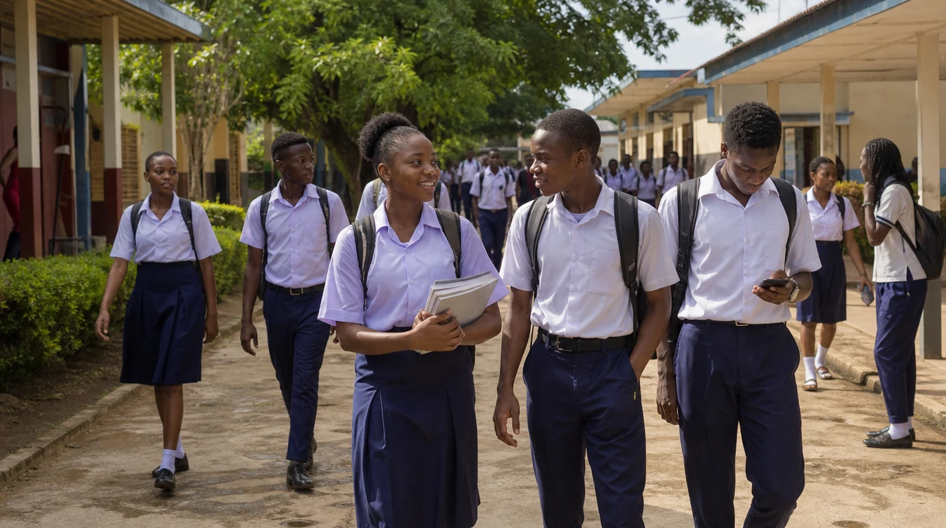 Secondary school students walking together on a busy campus