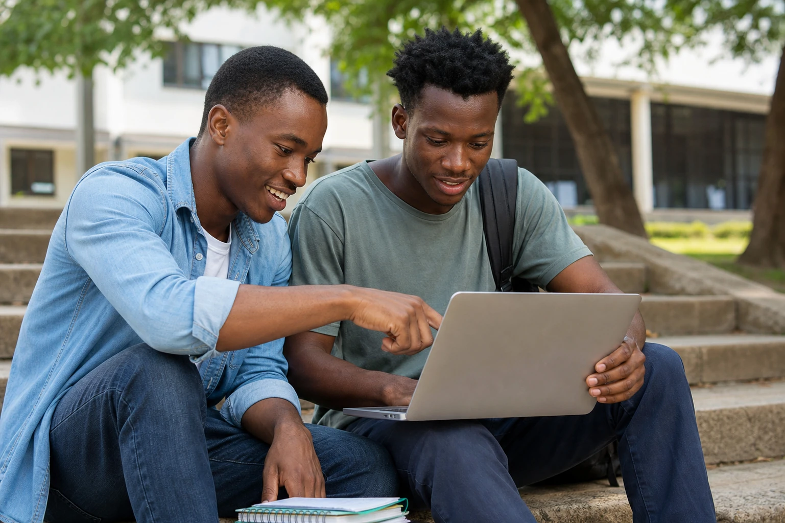 Prospective students reviewing an application together on a laptop